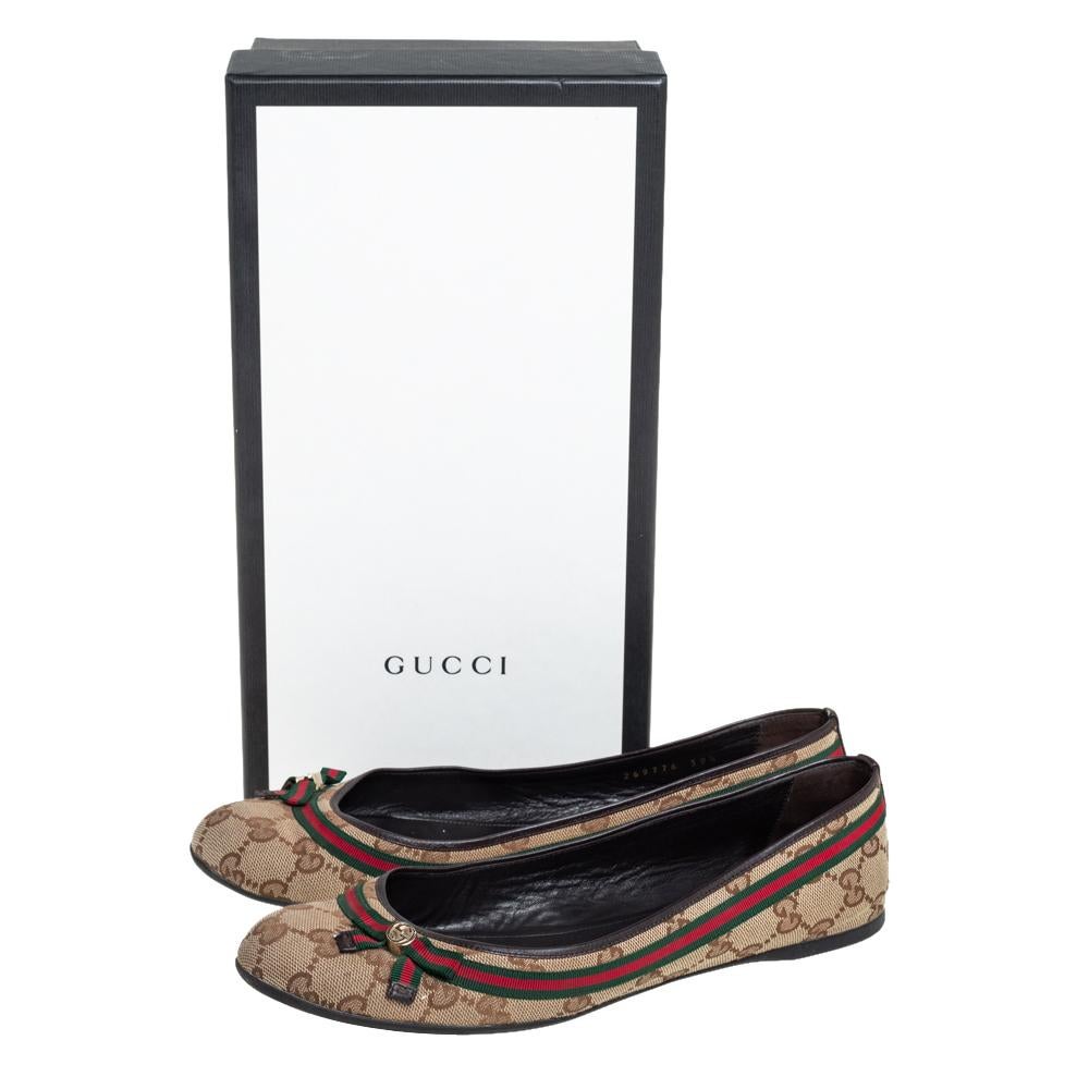 Women's Gucci Beige GG Canvas Mayfair Web Bow Detail Ballet Flats Size 39.5