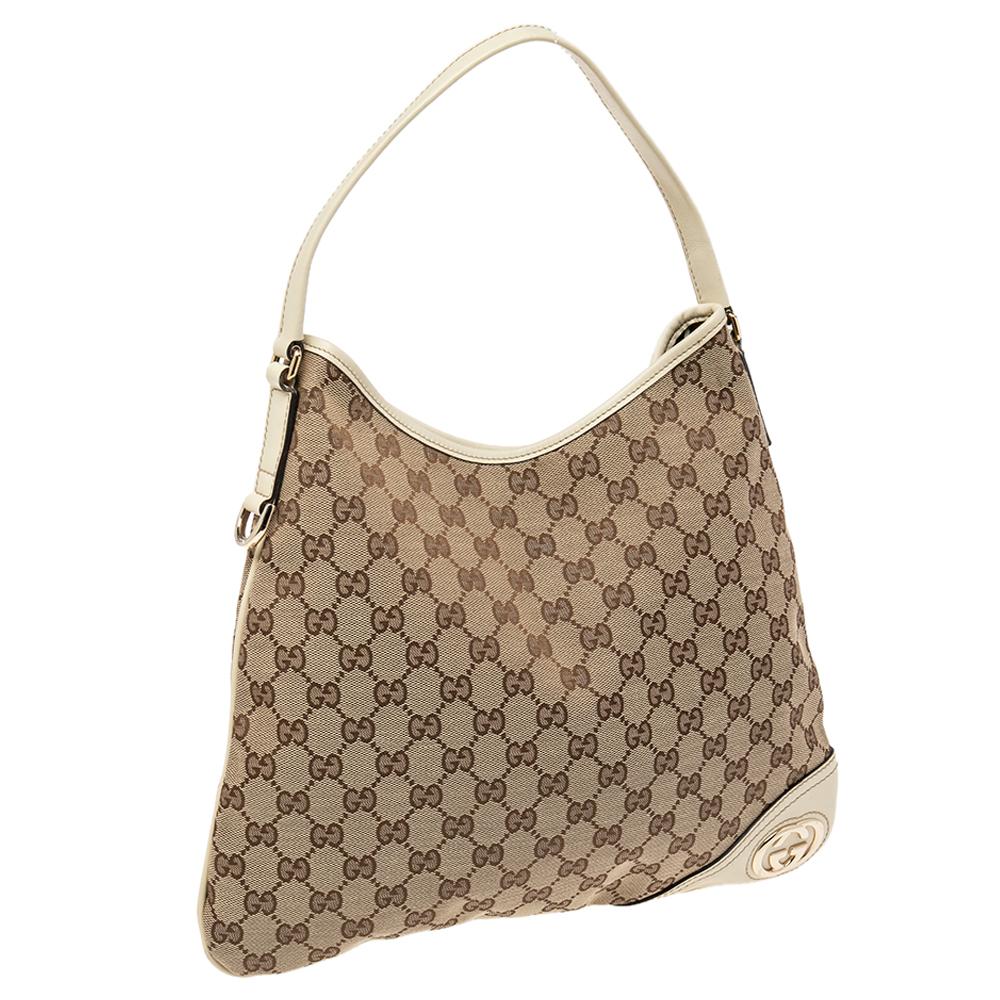 Gucci Beige GG Canvas Medium New Britt Hobo Bag In Good Condition In Dubai, Al Qouz 2