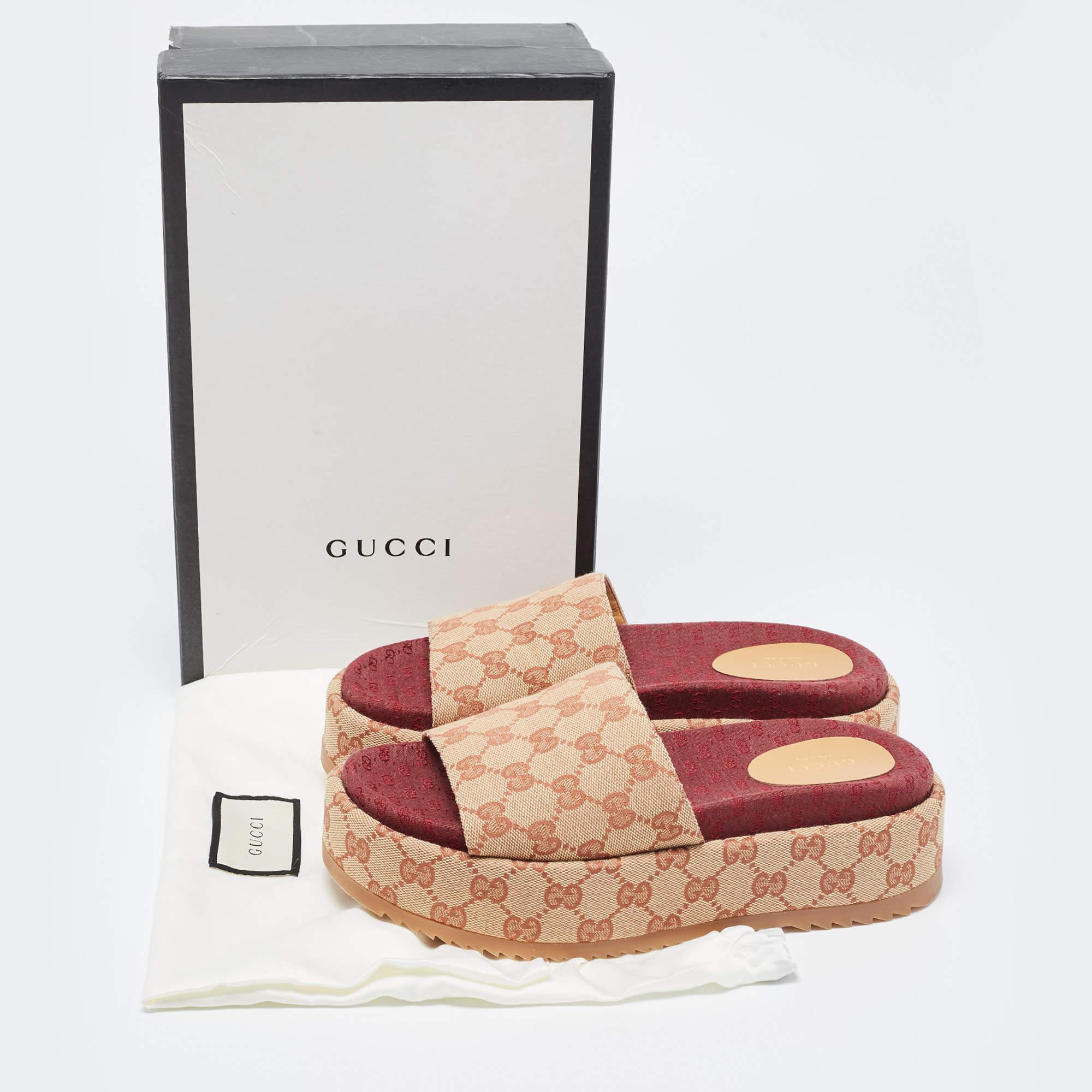 Gucci Beige GG Canvas Platform Flat Slides Size 38 5