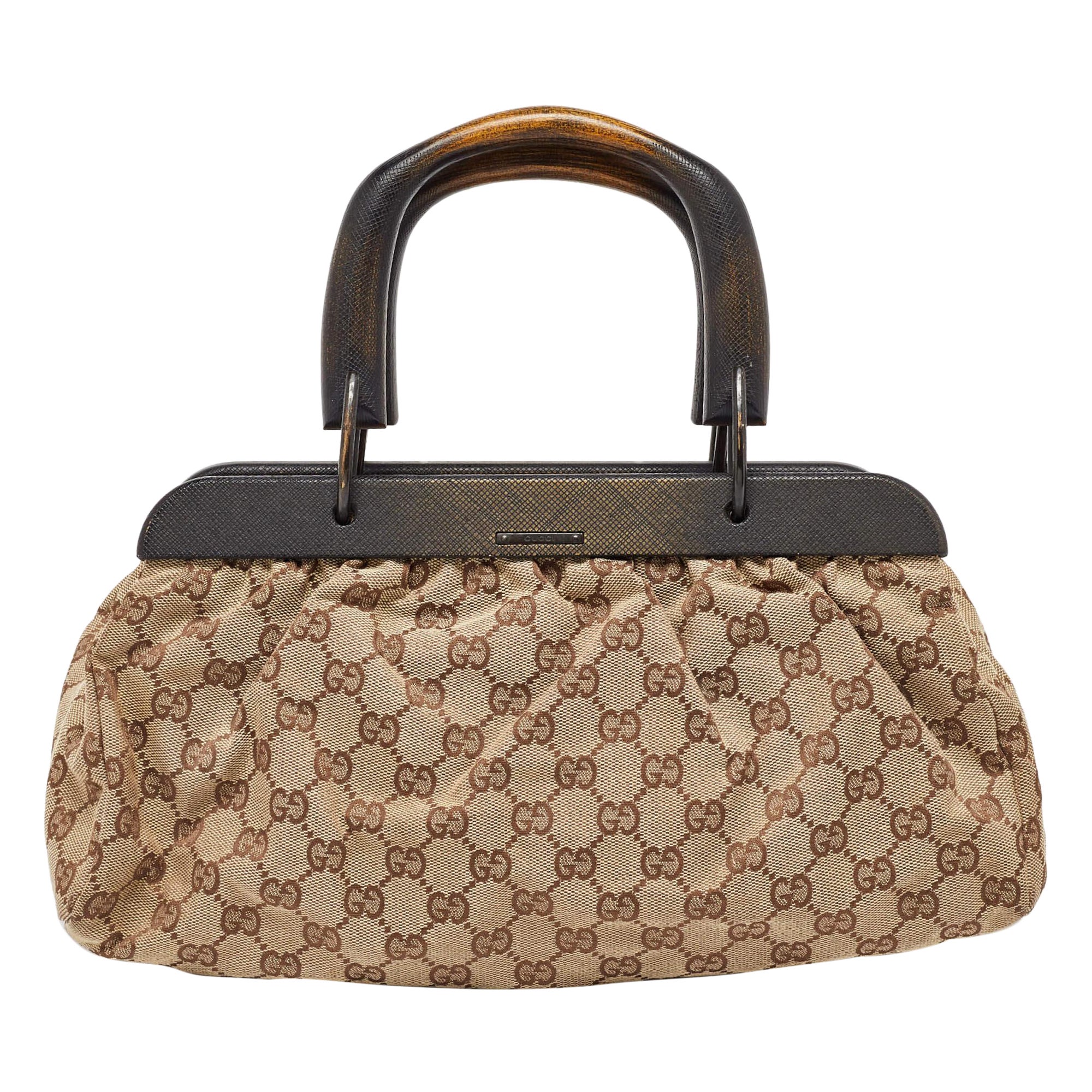 Gucci Beige GG Canvas Wooden Handle Satchel