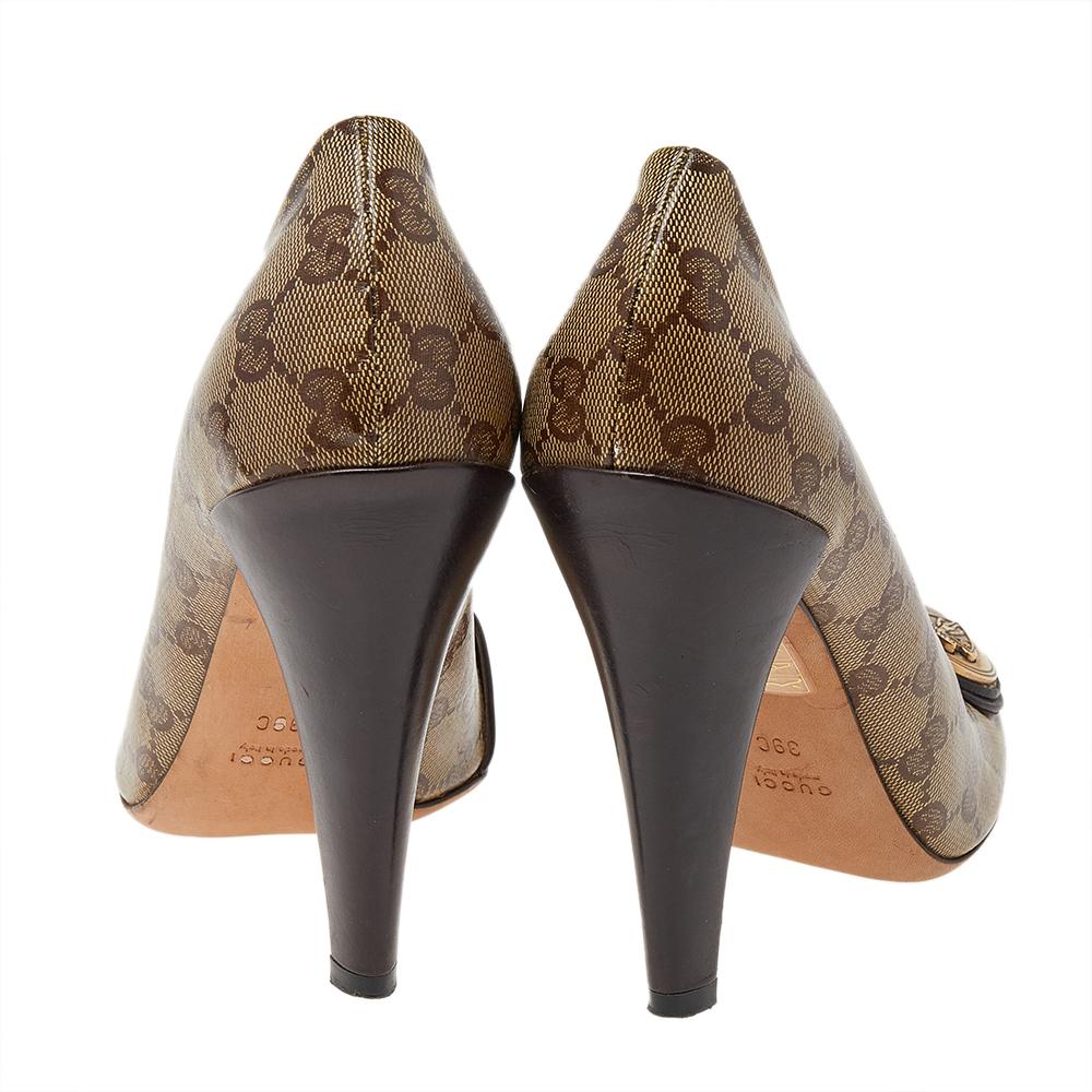 Gucci Beige GG Coated Canvas And Leather Hysteria Pumps Size 39 In Good Condition In Dubai, Al Qouz 2