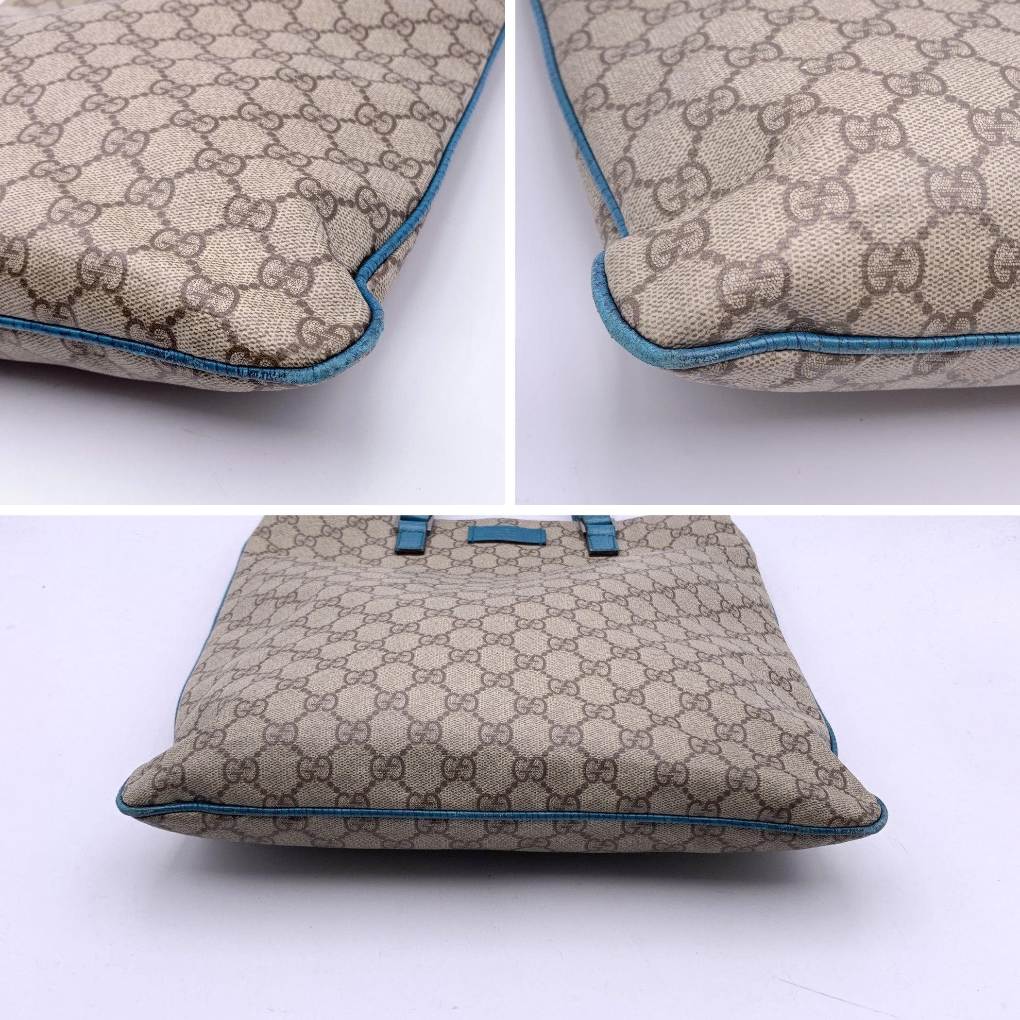Women's Gucci Beige GG Monogram Canvas Tote Shopping Bag Teal Leather