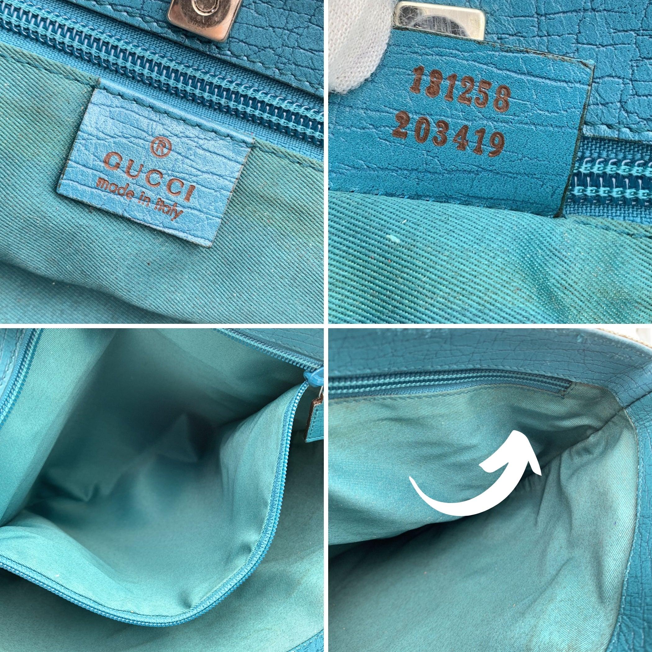 Gucci Beige GG Monogram Canvas Tote Shopping Bag Teal Leather 1