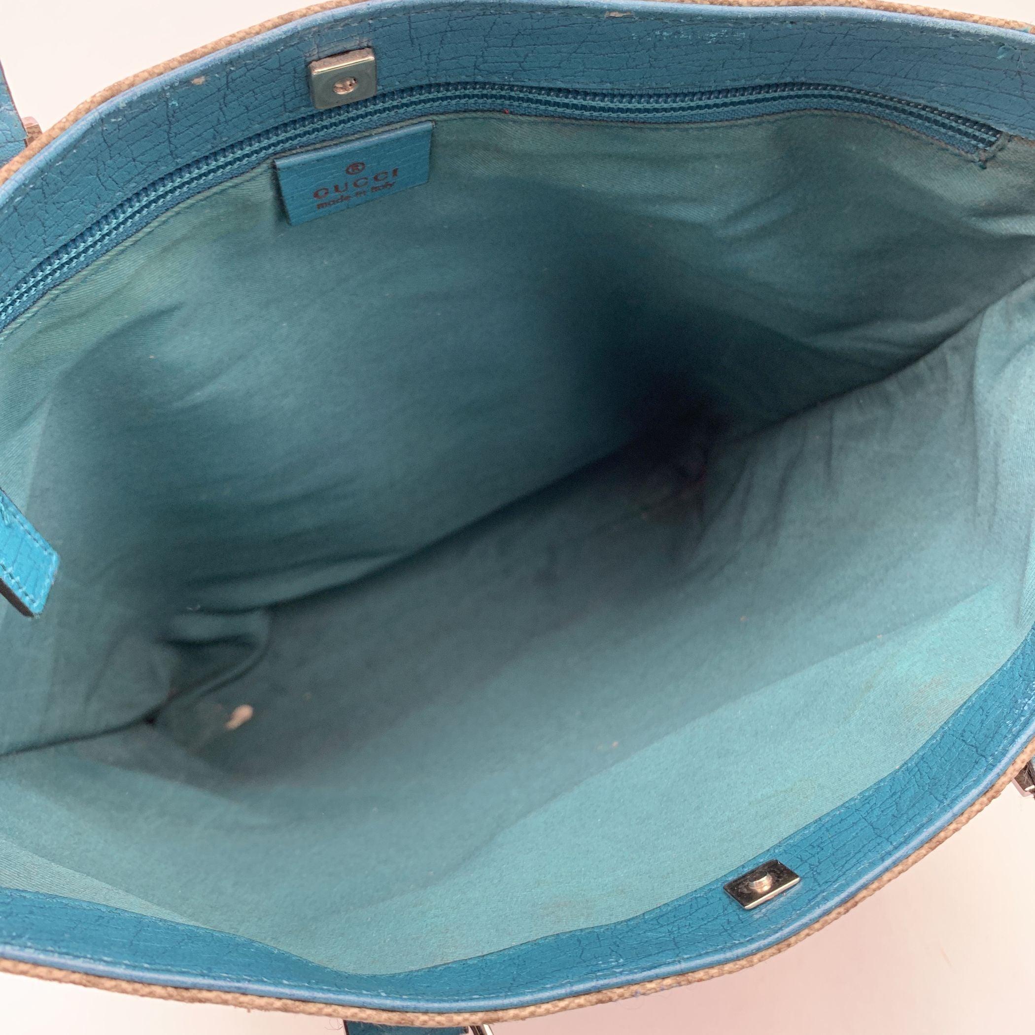 Gucci Beige GG Monogram Canvas Tote Shopping Bag Teal Leather 2