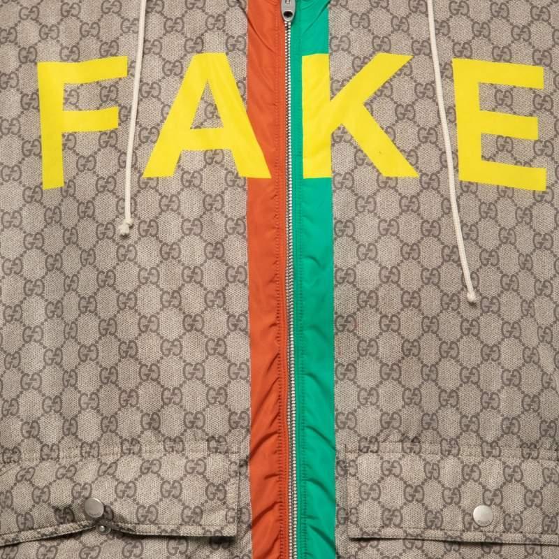 Men's Gucci Beige GG Monogram Synthetic Fake Or Not Hooded Windbreaker Jacket S