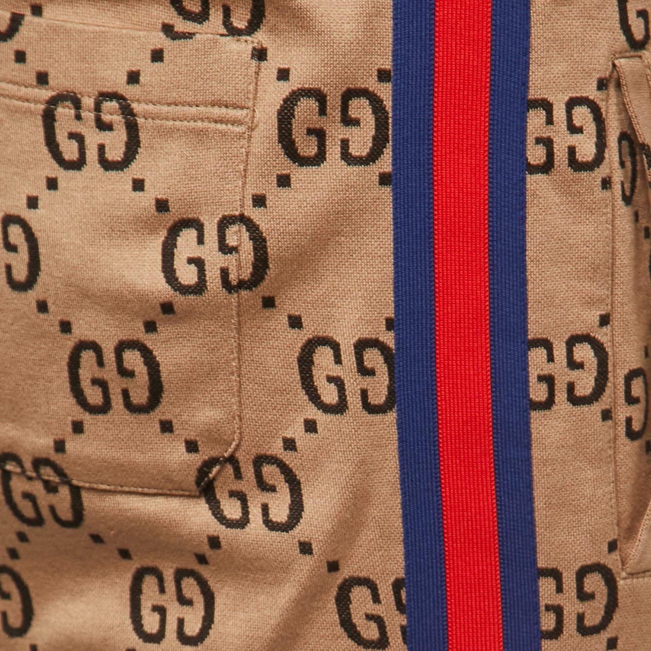 Gucci Beige GG Patterned Cotton Web Detailed Jog Pants M In Fair Condition For Sale In Dubai, Al Qouz 2