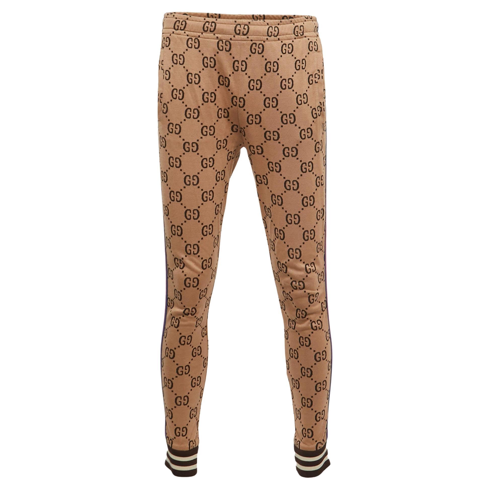 Gucci Beige GG Patterned Cotton Web Detailed Jog Pants M For Sale