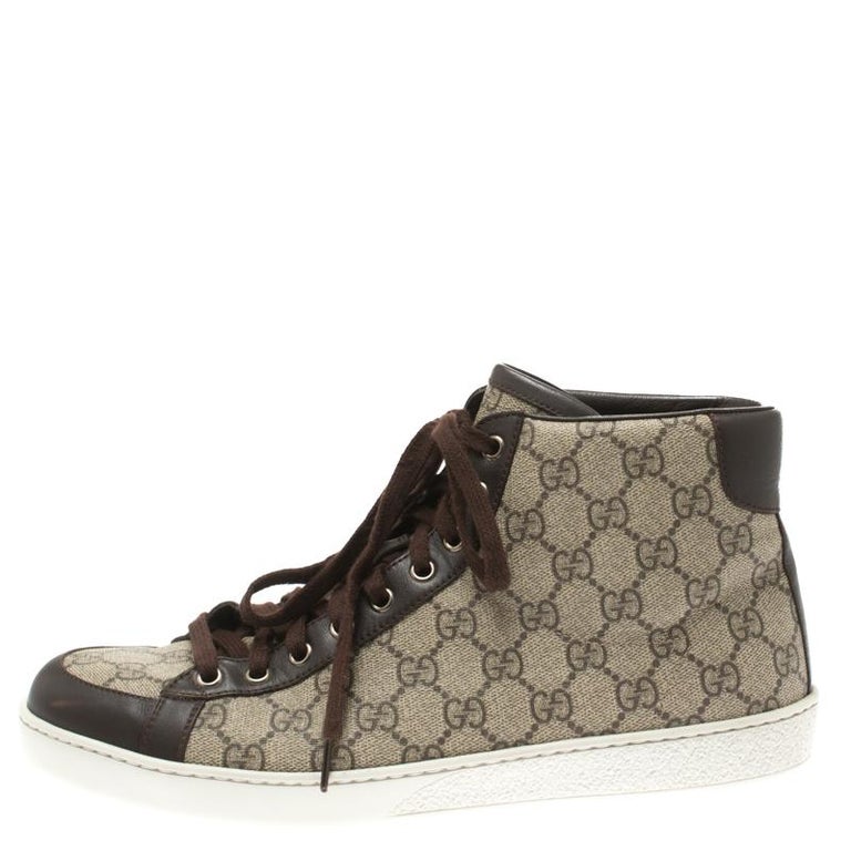 Gucci Beige GG Supreme Canvas And Brown Leather Trim High Top Sneaker ...