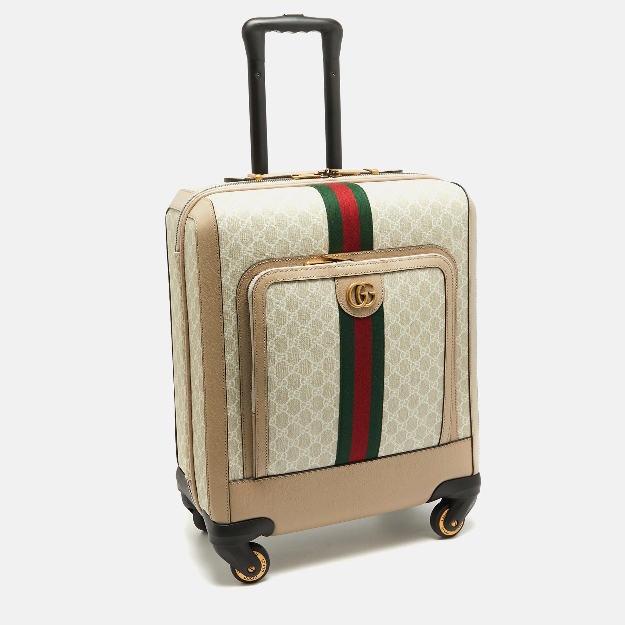 Gucci Beige GG Supreme Canvas and Leather Small Savoy Cabin Trolley In Good Condition In Dubai, Al Qouz 2