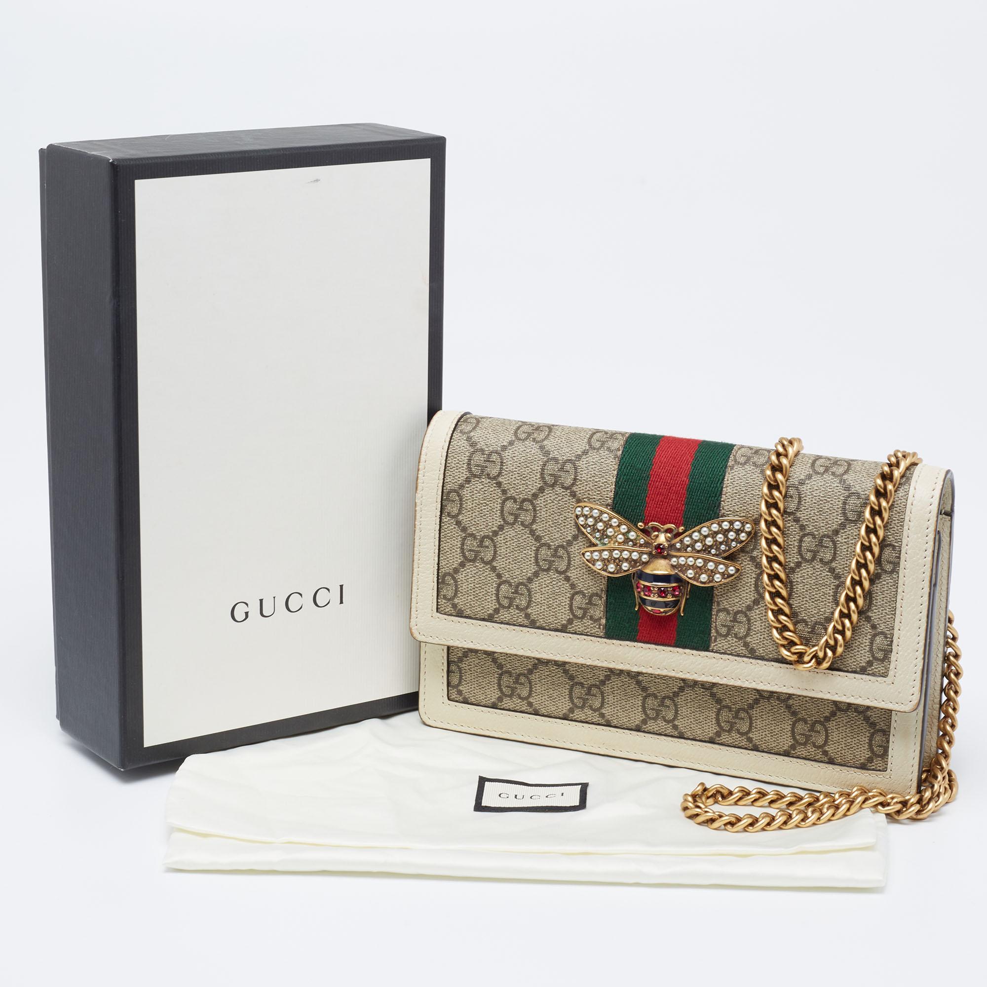 Gucci Beige GG Supreme Canvas and Leather Web Queen Margaret Wallet on Chain 4