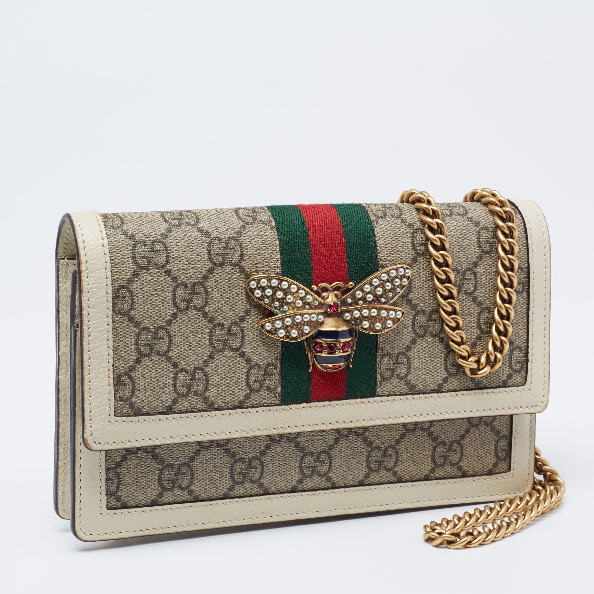 Women's Gucci Beige GG Supreme Canvas and Leather Web Queen Margaret Wallet on Chain