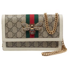 Gucci Beige GG Supreme Canvas and Leather Web Queen Margaret Wallet on Chain