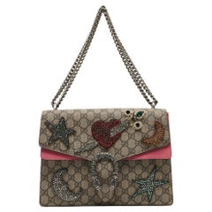 Used Gucci Beige GG Supreme Canvas and Suede Medium Dionysus Crystal Embellished 