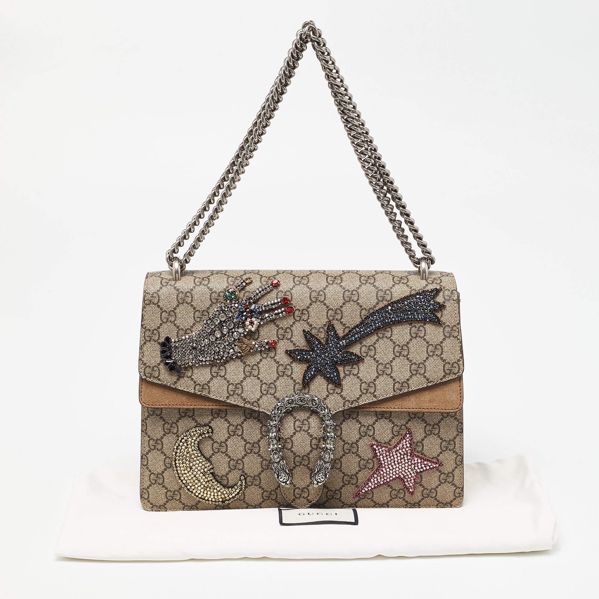 Gucci Beige GG Supreme Canvas and Suede Medium Dionysus Embellished Shoulder Bag For Sale 5