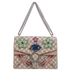 Used Gucci Beige GG Supreme Canvas and Suede Medium Dionysus Embellished Shoulder Bag