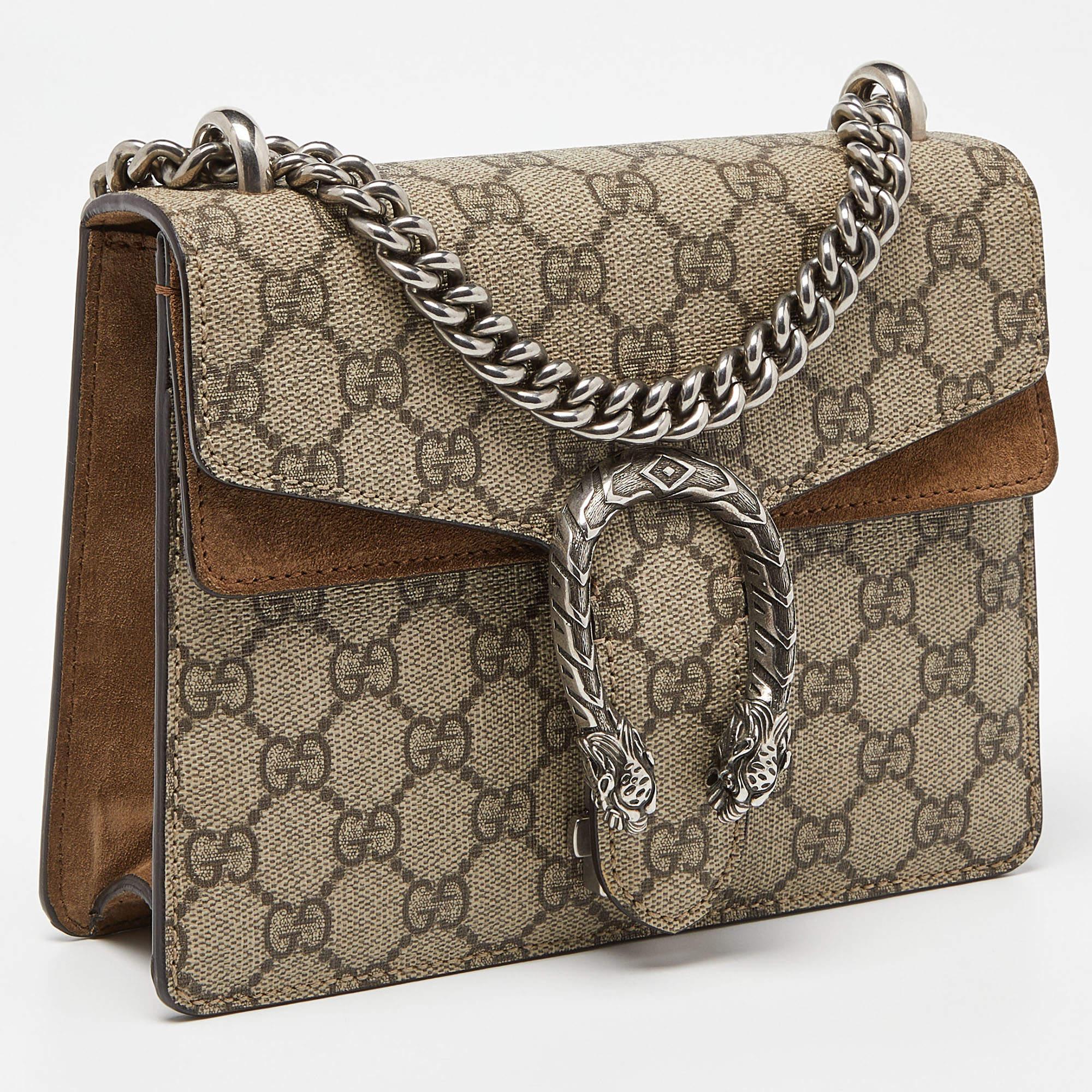 Women's Gucci Beige GG Supreme Canvas and Suede Mini Dionysus Shoulder Bag For Sale