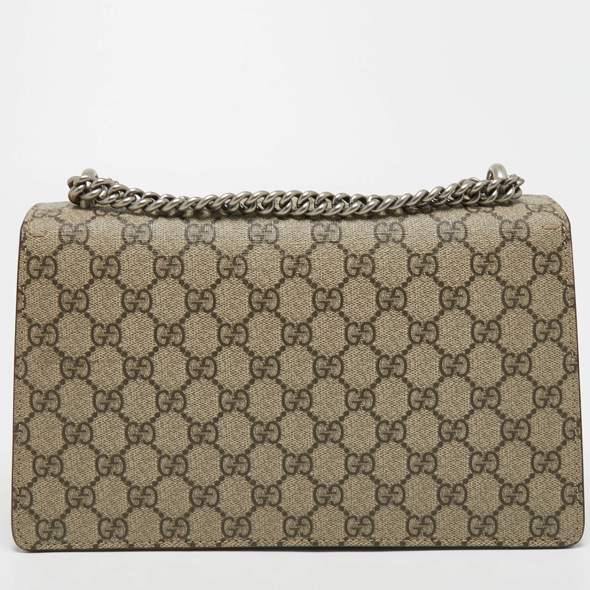Gucci's Dionysus collection is inspired by the Greek God Dionysus, who is believed to have crossed the Tigris river on a tiger sent to him by Zeus. This creation has been beautifully made from GG Supreme canvas and suede and beautifully merges the