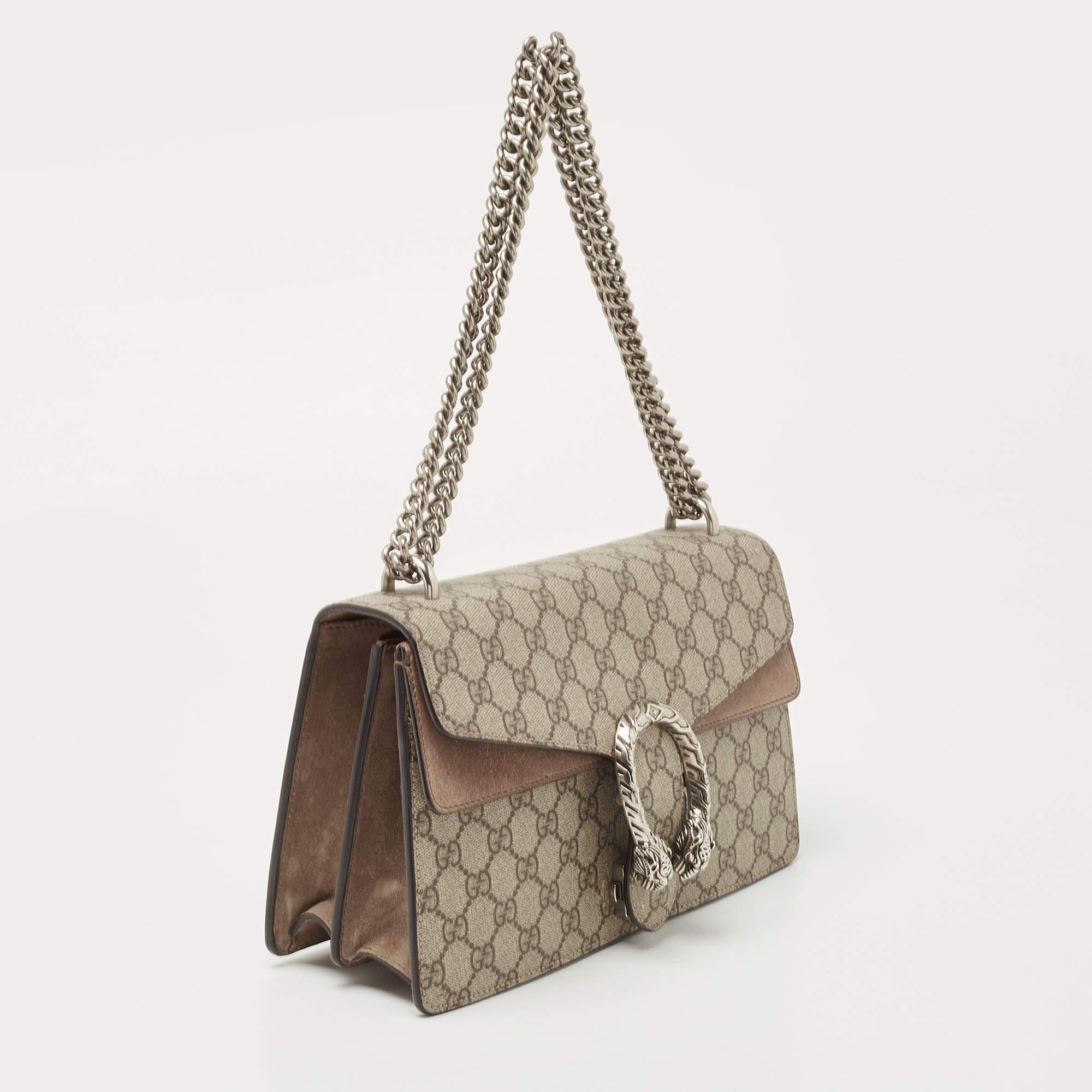 Women's Gucci Beige GG Supreme Canvas and Suede Small Dionysus Shoulder Bag