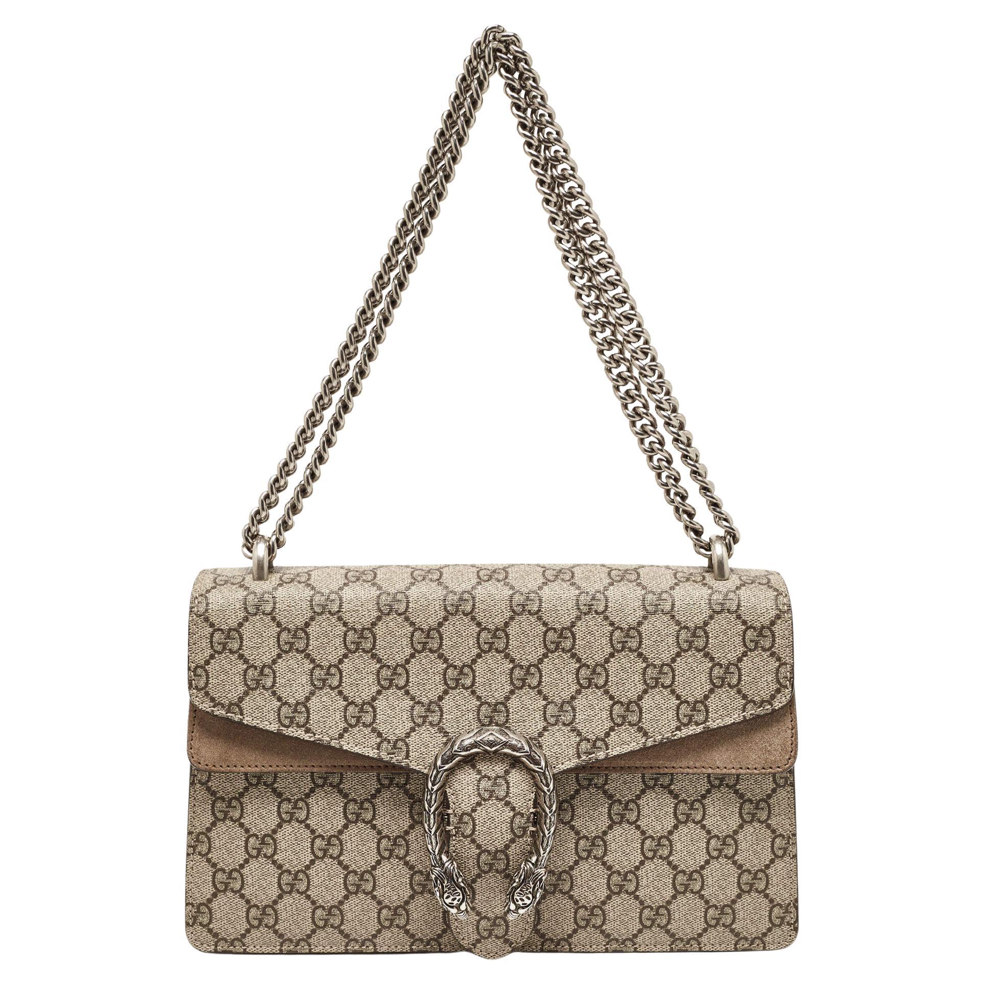 Gucci Beige GG Supreme Canvas and Suede Small Dionysus Shoulder Bag For Sale