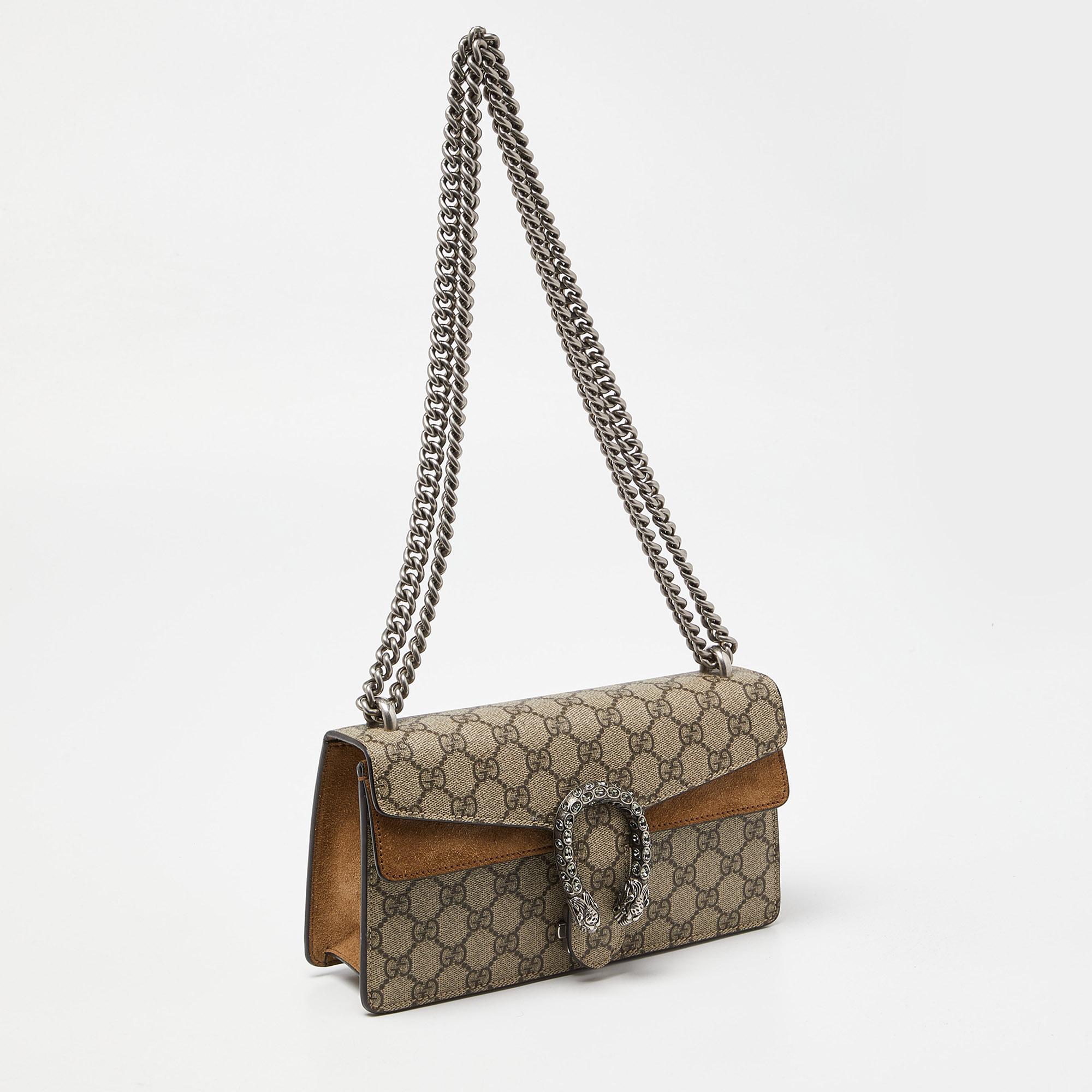 Gucci Beige GG Supreme Canvas and Suede Small Rectangular Dionysus Shoulder Bag For Sale 8