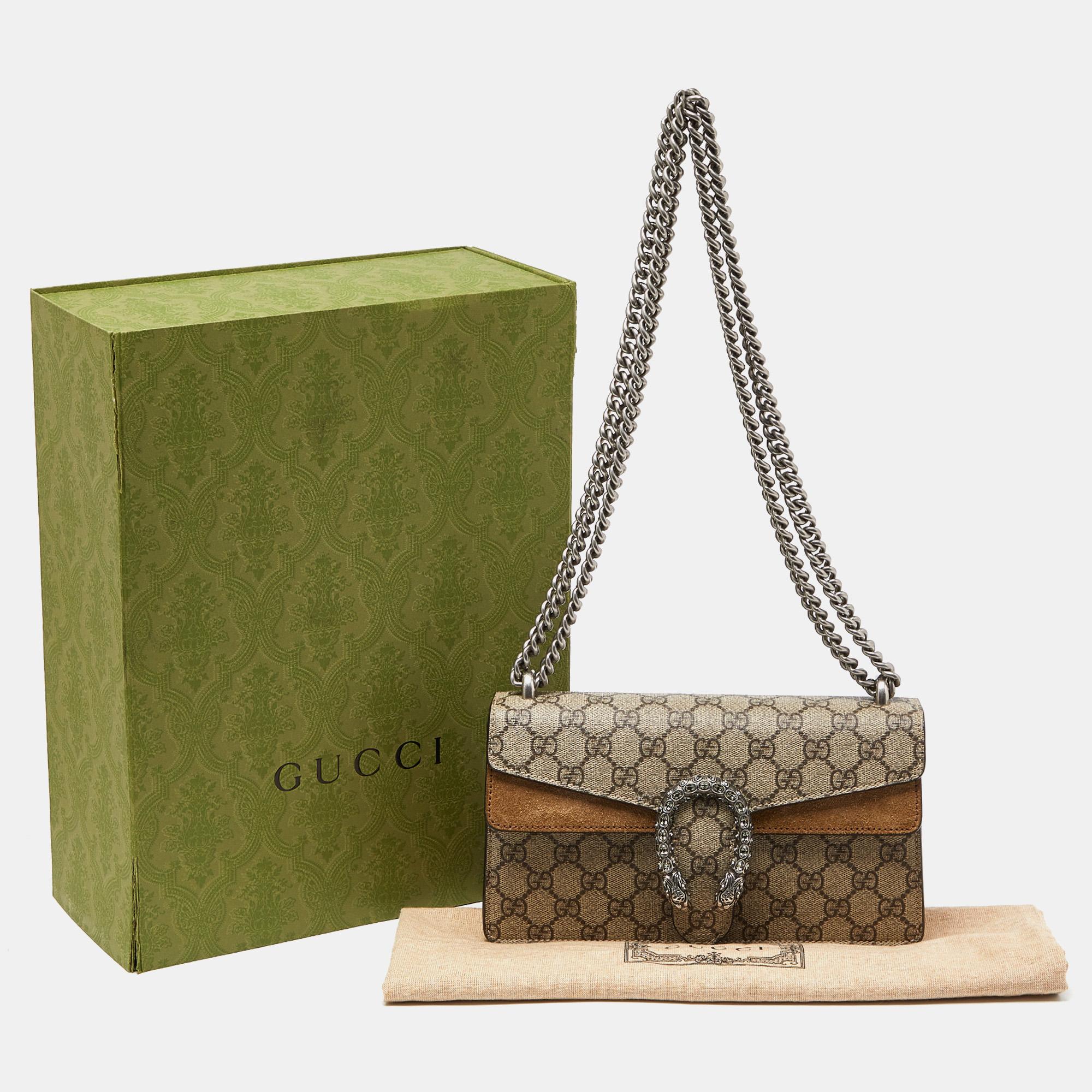 Gucci Beige GG Supreme Canvas and Suede Small Rectangular Dionysus Shoulder Bag For Sale 5
