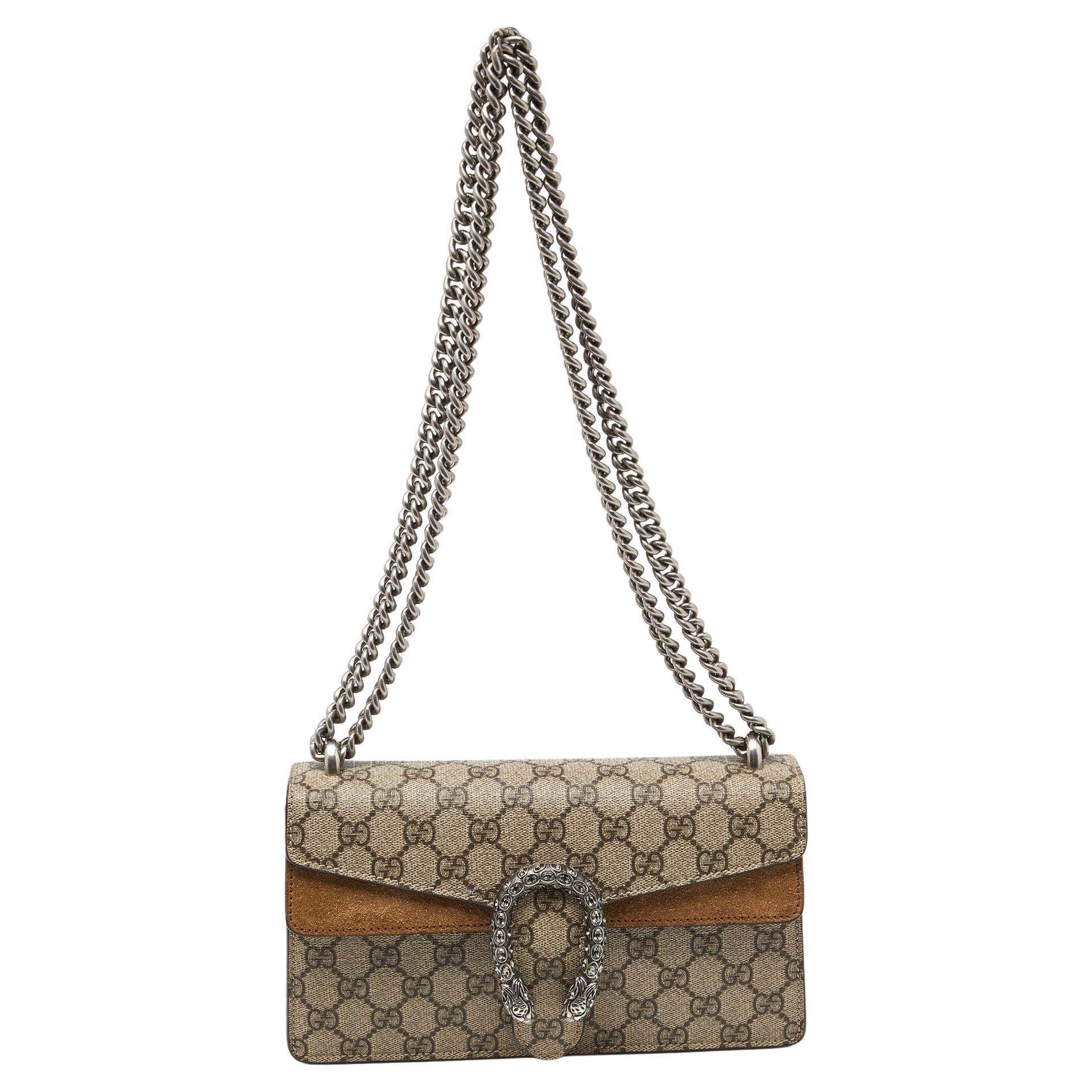 Gucci Beige GG Supreme Canvas and Suede Small Rectangular Dionysus Shoulder Bag For Sale