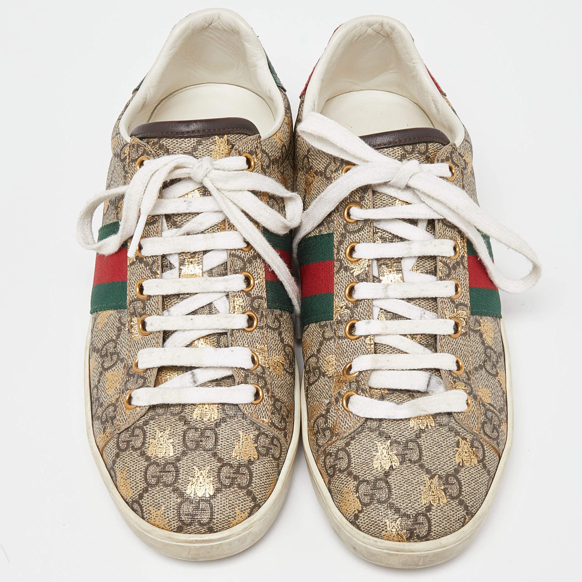 Men's Gucci Beige GG Supreme Canvas Bee Print Ace Low Top Sneakers Size 39