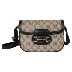 GUCCI beige GG Supreme canvas & black leather HORSEBIT 1955 SOFT SMALL Bag