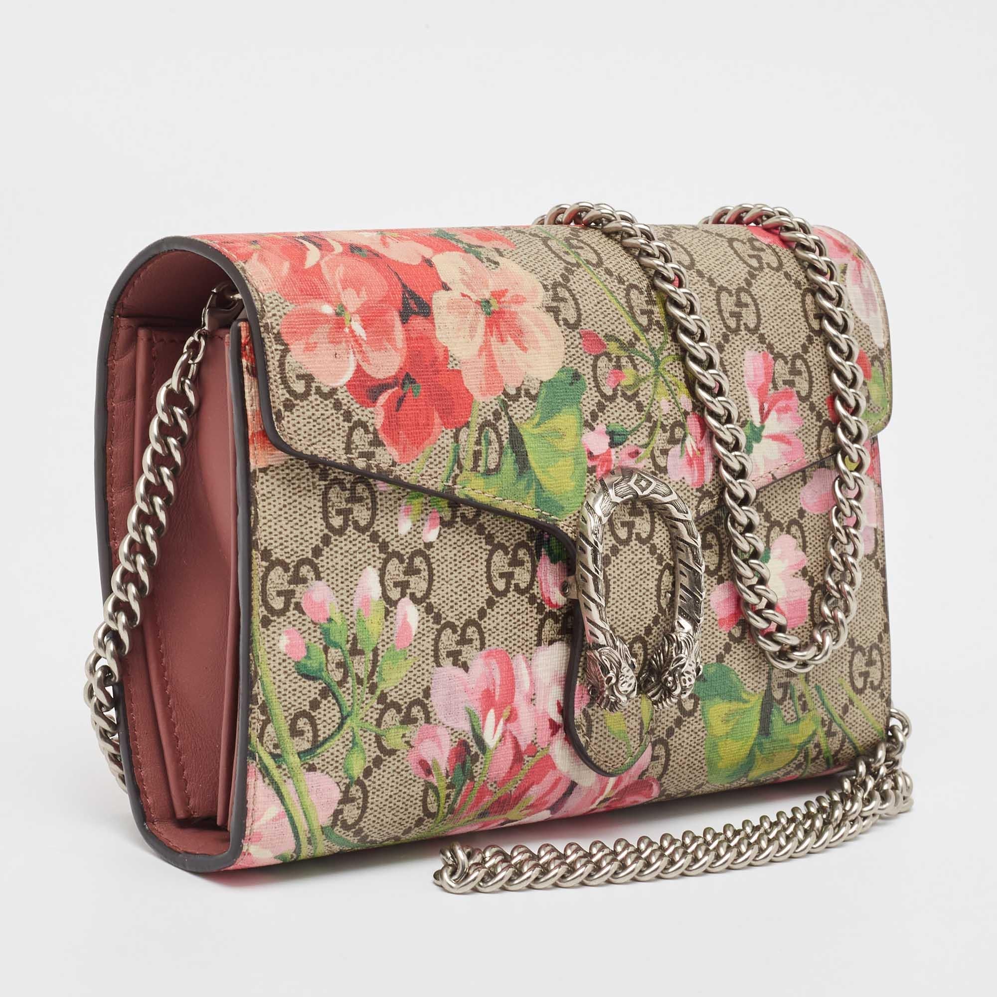 Gucci Beige GG Supreme Canvas Blooms Dionysus Wallet On Chain For Sale 5