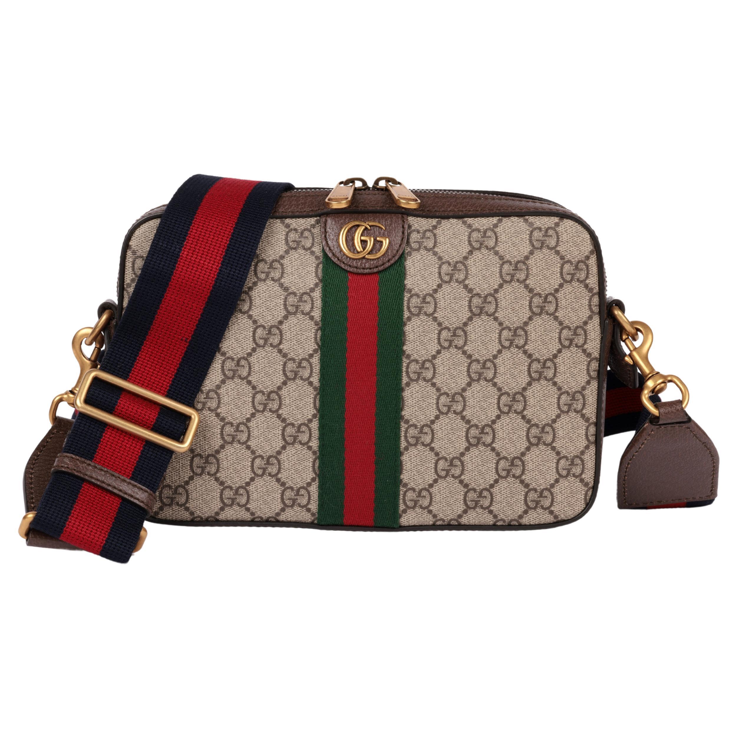 Gucci Beige GG Supreme Canvas, Brown Leather, Green & Red Web Ophodia GG Shoulde