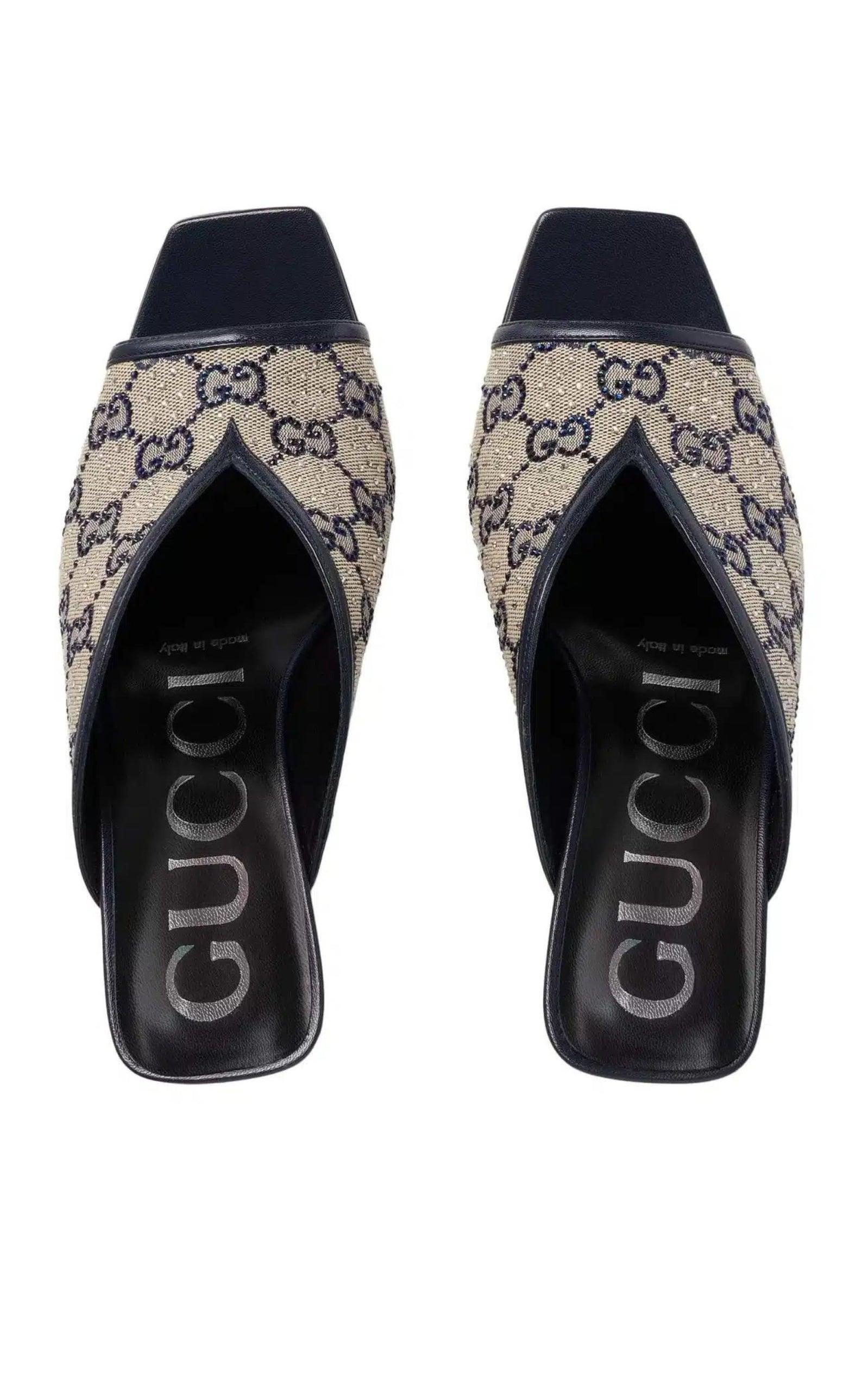 Black Gucci Beige GG Supreme Canvas Crystal Embellishment Mules 37 For Sale