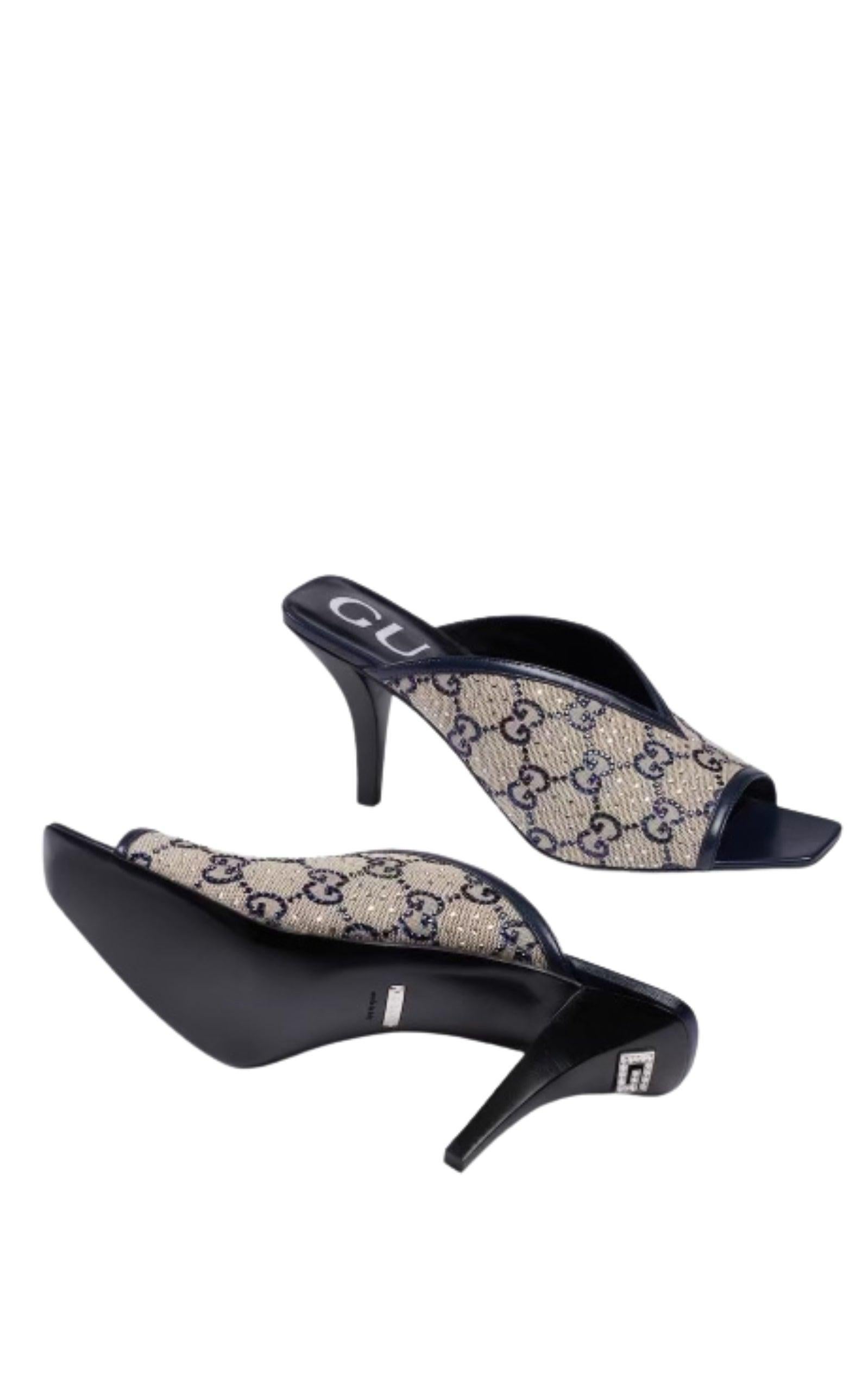 Women's Gucci Beige GG Supreme Canvas Crystal Embellishment Mules 37 For Sale