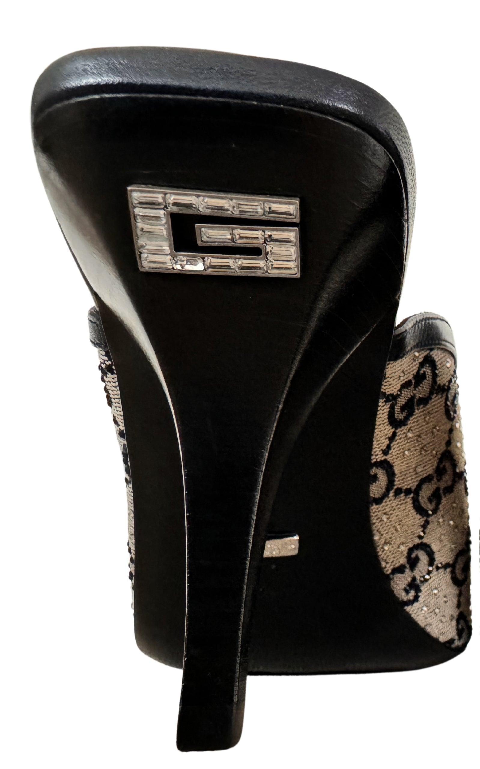 Gucci Beige GG Supreme Canvas Crystal Embellishment Mules 37 For Sale 1