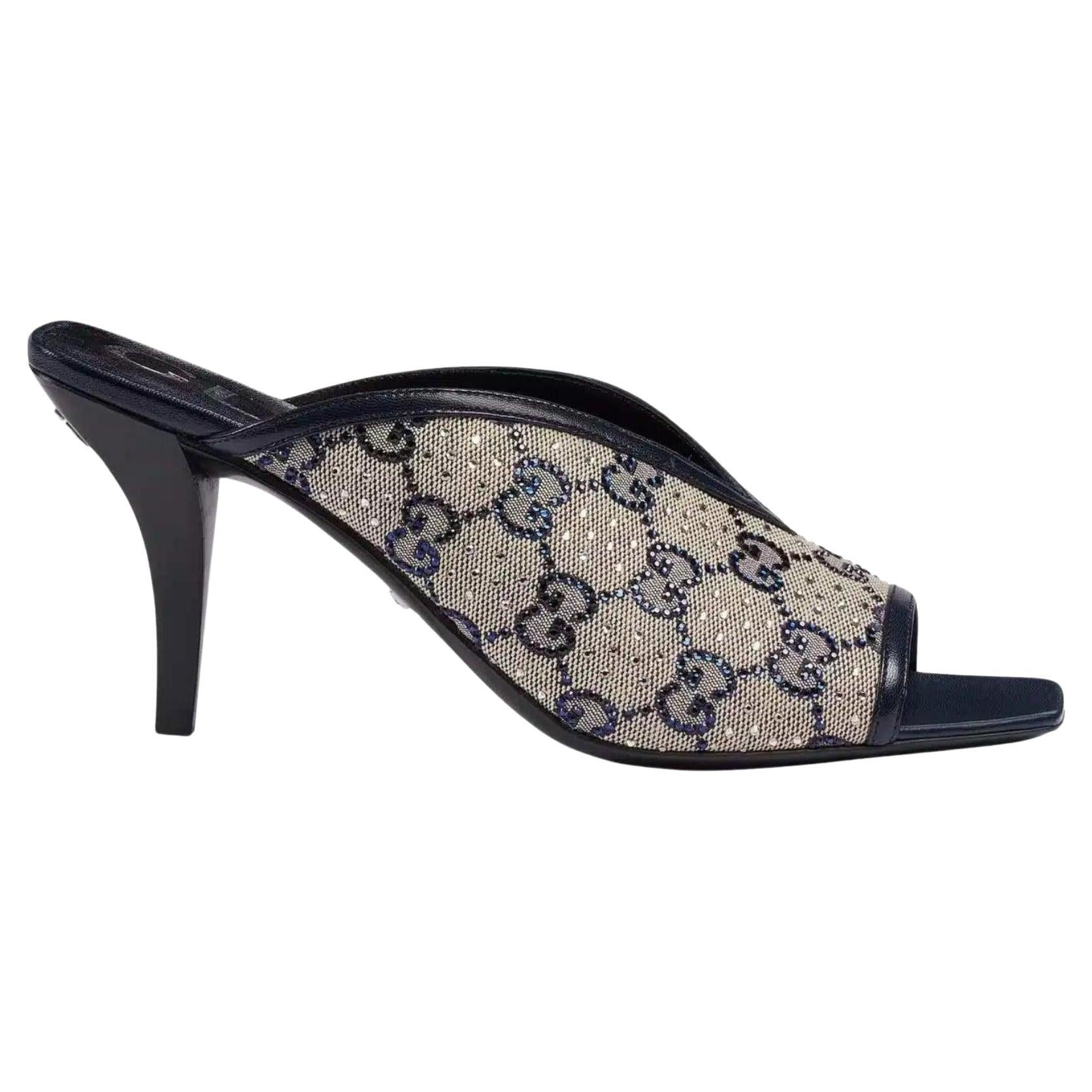 Gucci Beige GG Supreme Canvas Crystal Embellishment Mules 37 For Sale