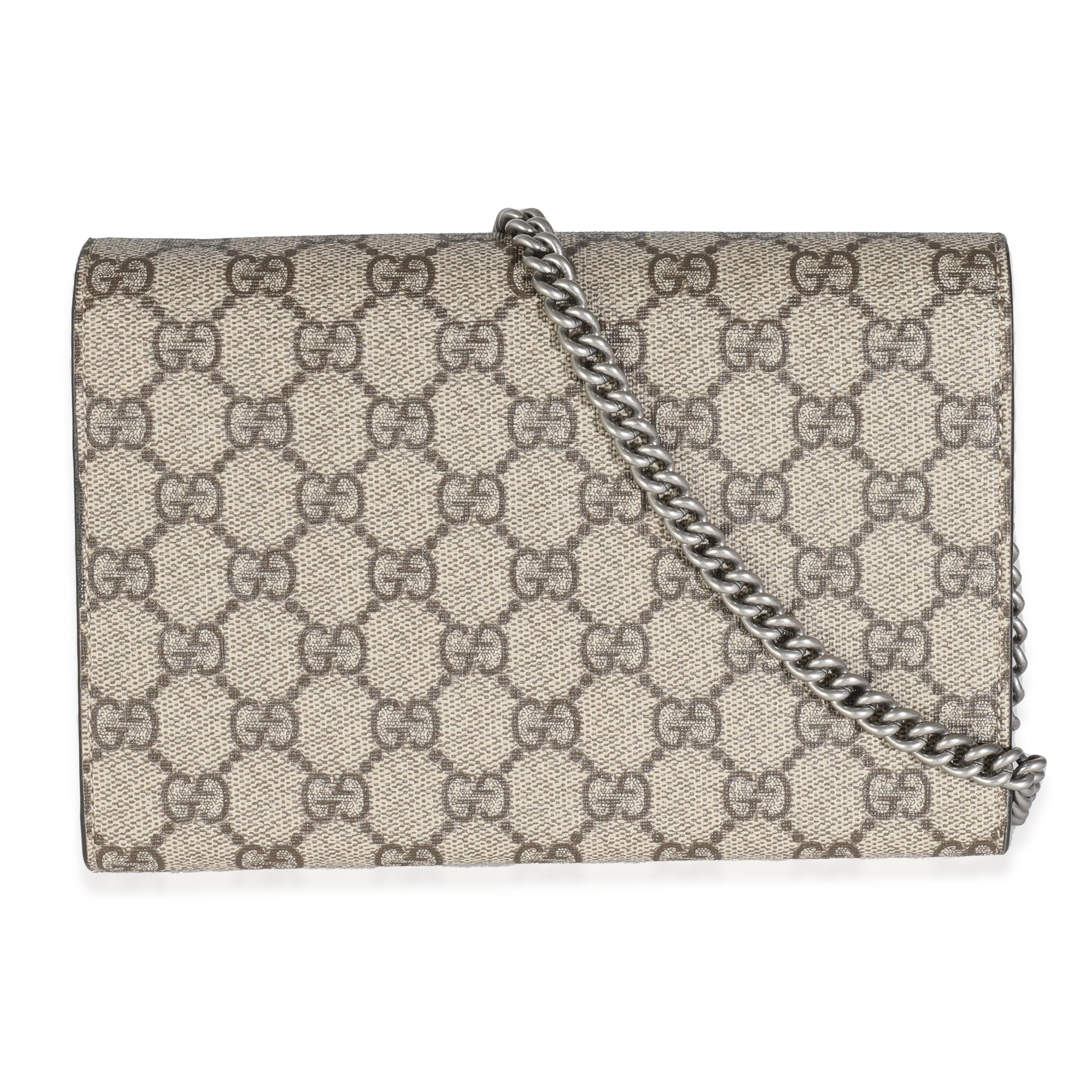 Listing Title: Gucci Beige GG Supreme Canvas Dionysus Chain Wallet
SKU: 144166
MSRP: 1650.00 USD
Condition: Pre-owned 
Condition Description: Taking the fashion sphere by storm in 2015, the Dionysus crossbody bag from Gucci was given its moniker