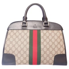 Gucci Beige GG Supreme Canvas Leder Web Trapez Handtasche