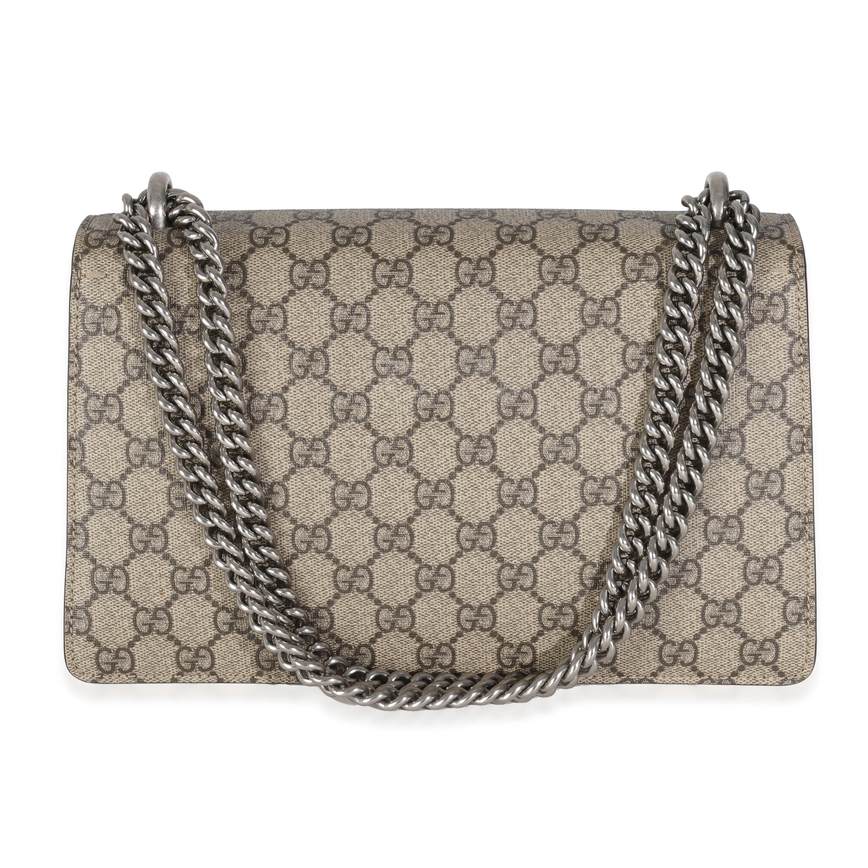 Listing Title: Gucci Beige GG Supreme Canvas Small Dionysus Chain Bag
SKU: 144482
Condition: Pre-owned 
Condition Description: Taking the fashion sphere by storm in 2015, the Dionysus crossbody bag from Gucci was given its moniker after the Greek