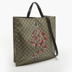 Gucci Beige GG Supreme Canvas Snake Print Vertical Tote