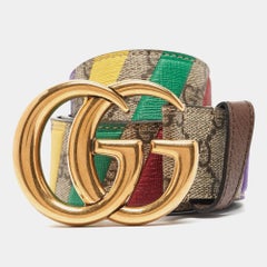 Gucci Beige GG Supreme Canvas Stripe Double G Buckle Belt 70CM