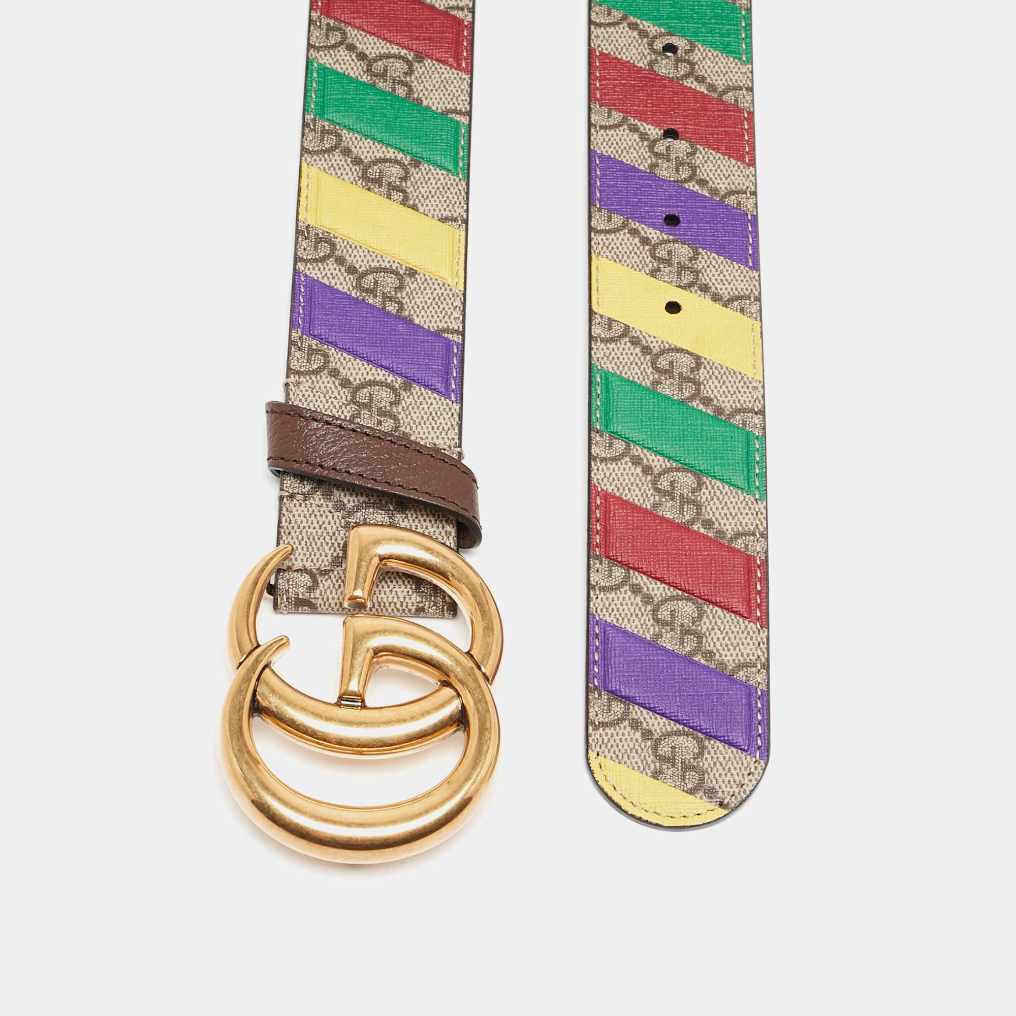 Women's Gucci Beige GG Supreme Canvas Stripe Double G Buckle Belt 70CM