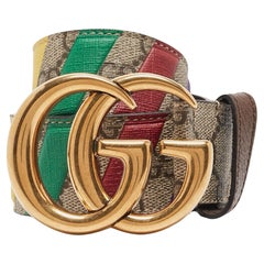Gucci Beige GG Supreme Canvas Stripe Double G Buckle Belt 70CM