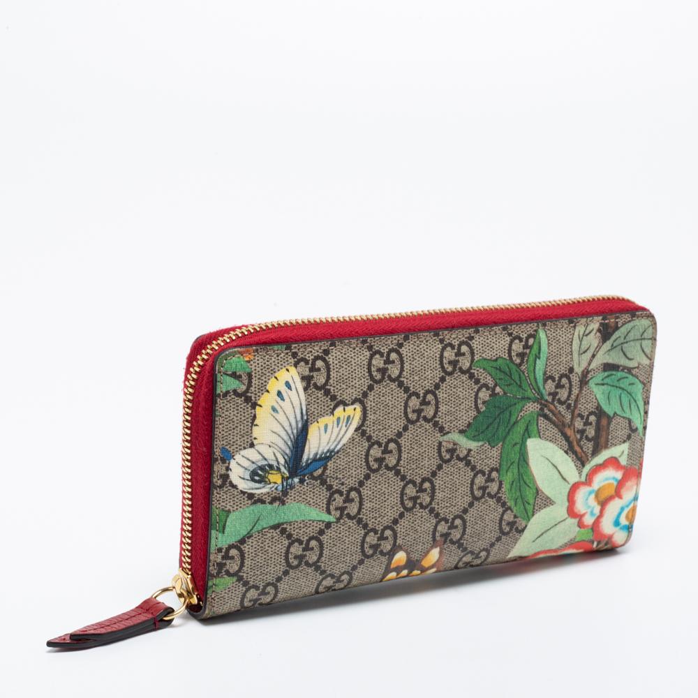 Beige Gucci - Portefeuille Tian à fermeture éclair en toile beige GG Supreme