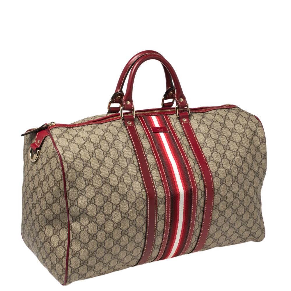 Gucci Beige GG Supreme Canvas Web Carry-on Medium Duffle Bag In Good Condition In Dubai, Al Qouz 2
