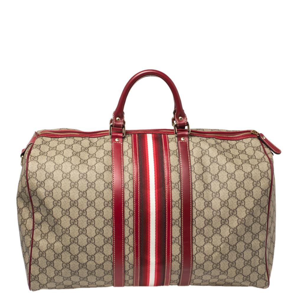 Women's Gucci Beige GG Supreme Canvas Web Carry-on Medium Duffle Bag