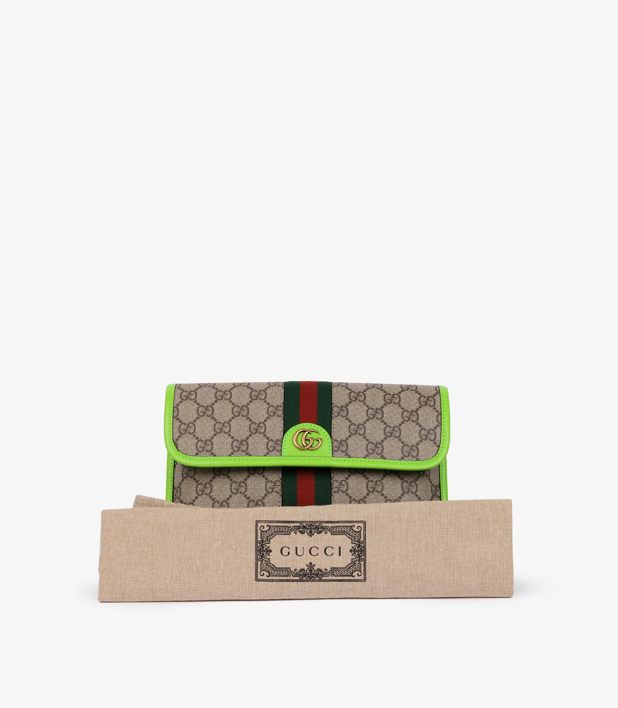 Gucci Beige GG Supreme Canvas Coates & Neon Green Pigskin Leather Small Ophidia in vendita 5