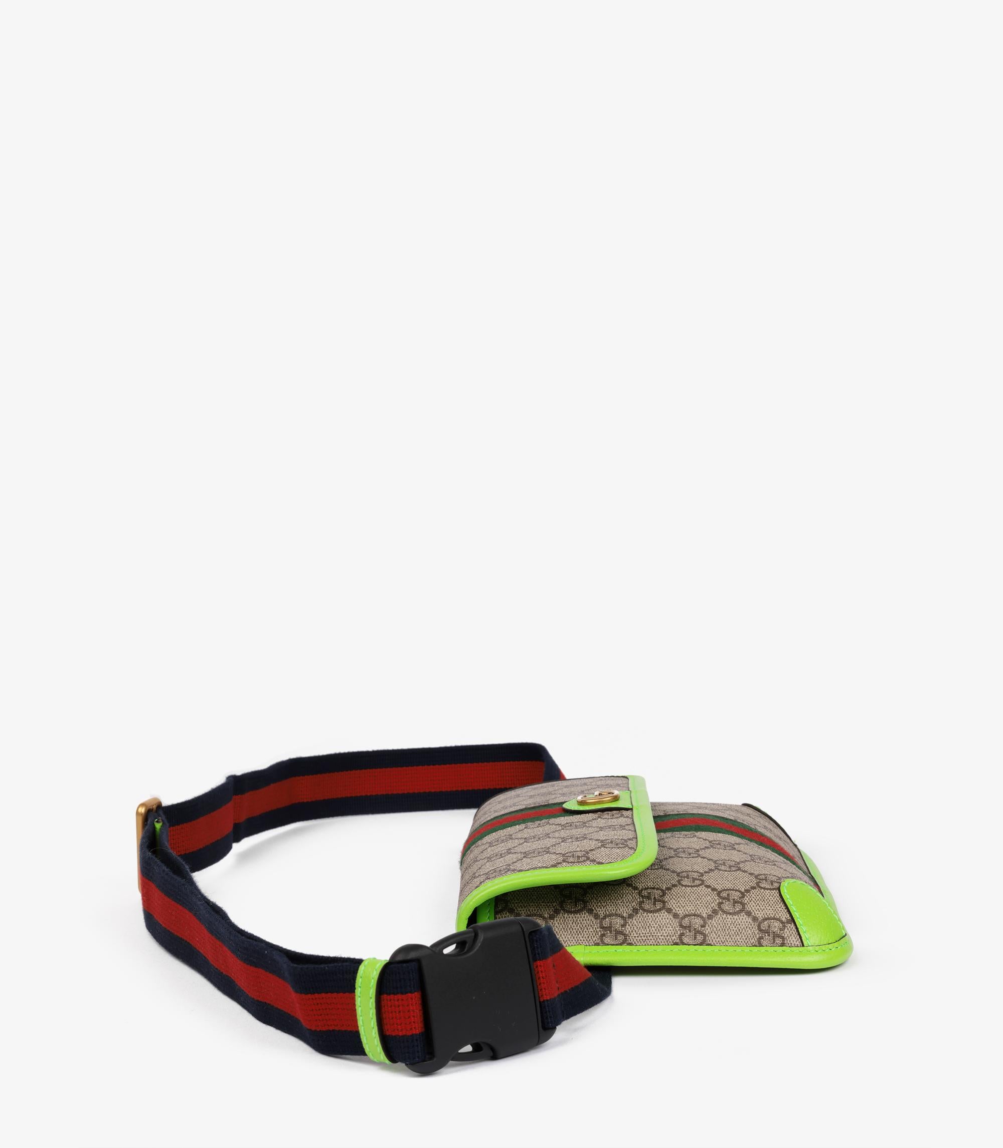 Marrone Gucci Beige GG Supreme Canvas Coates & Neon Green Pigskin Leather Small Ophidia in vendita