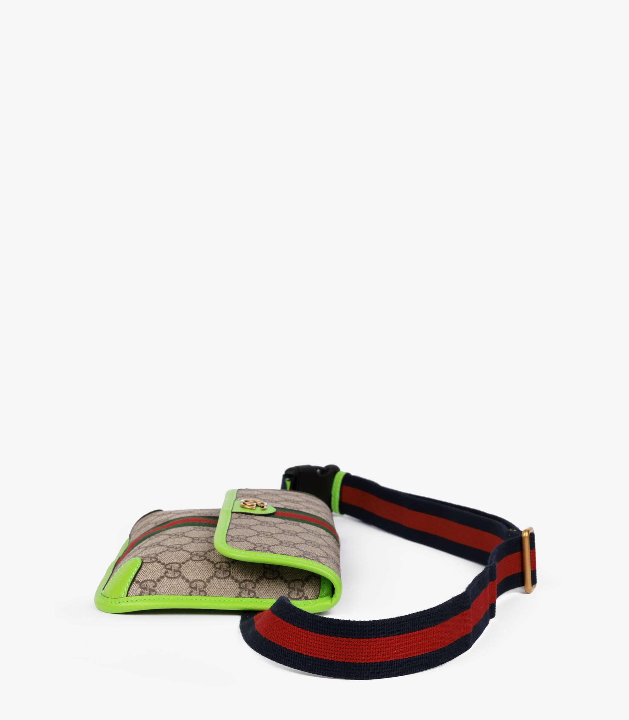 da uomo o donna Gucci Beige GG Supreme Canvas Coates & Neon Green Pigskin Leather Small Ophidia in vendita