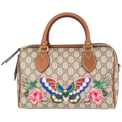 GUCCI beige GG SUPREME EMBROIDERED LINEA A BOSTON Top Handle Bag