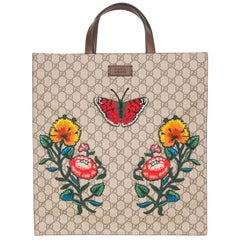 GUCCI beige GG SUPREME EMBROIDERED Tote Bag