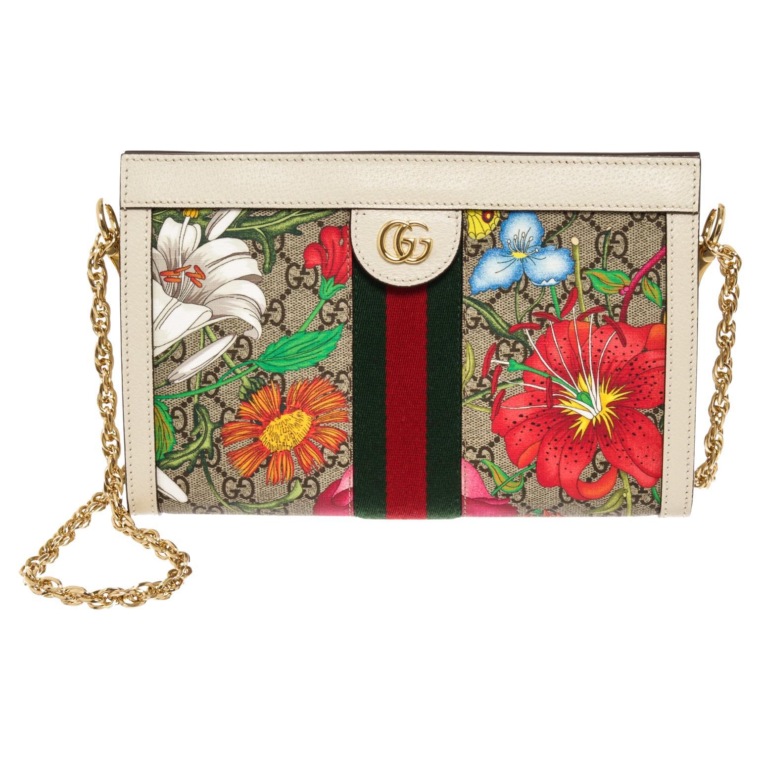 Gucci Beige GG Supreme Ivory Flora Ophidia Gold Chain Small Crossbody Bag  For Sale at 1stDibs